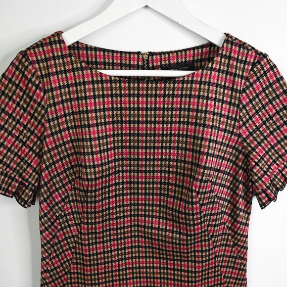 TOMMY HILFIGER Red Tan Olive Green Black Plaid Houndstooth Shift Dress - Size 4 - Picture 6 of 14